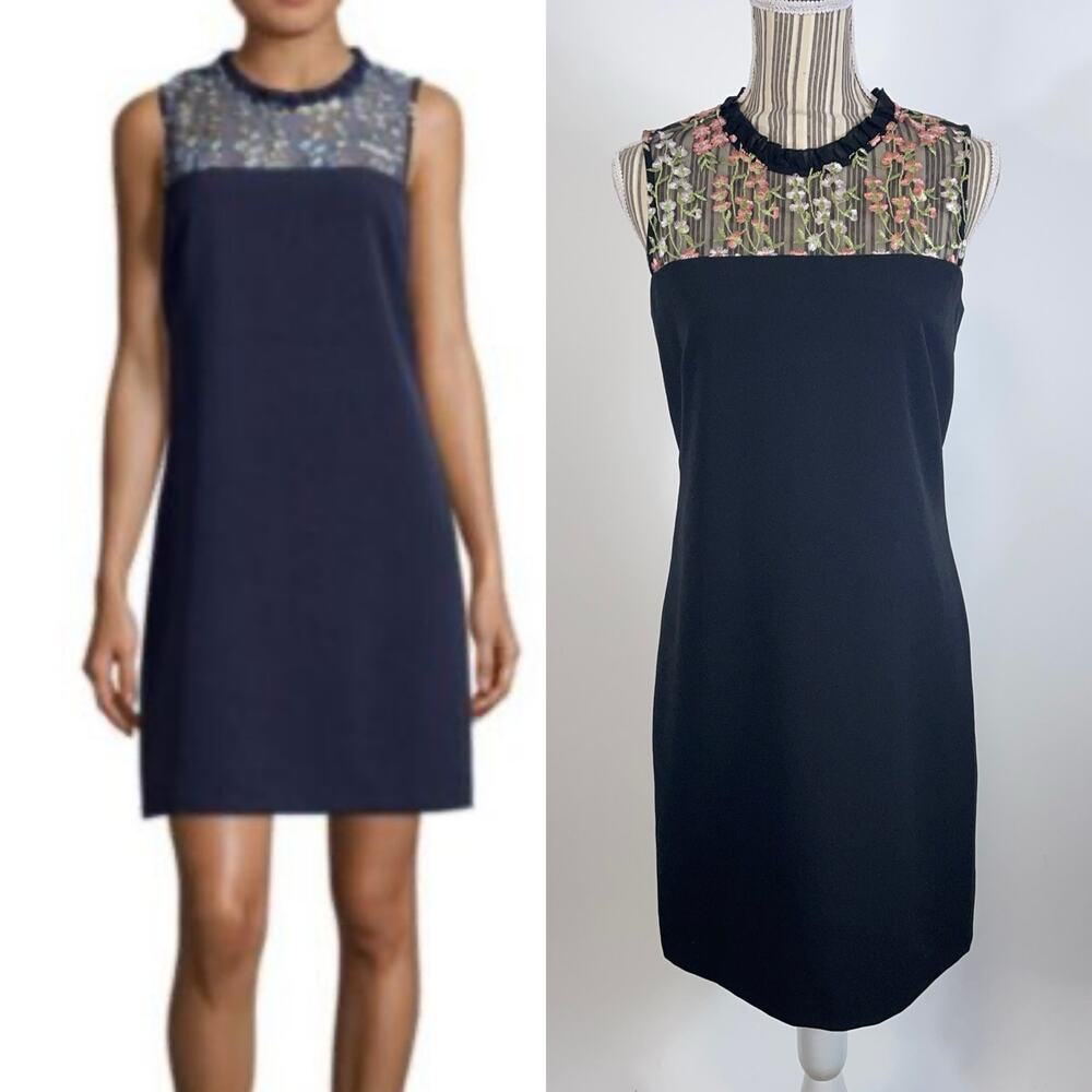 Karl Lagerfeld Black Illusion Embroidered Yoke Sleeveless Dress Shift Size 4